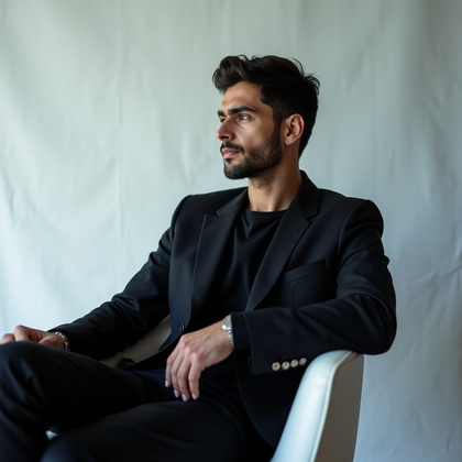 AI-generated photo: Photorealistic studio portrait. The subject is seated sideways on a sleek, modern chair, torso gentl...