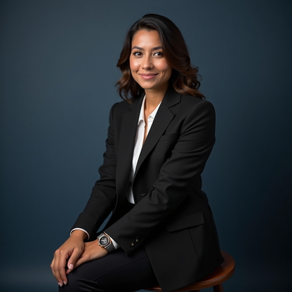 AI-generated photo: Professional headshot. Minimal studio setup with a smooth paper backdrop shifting from midnight blue...