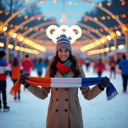 AI-generated photo: Photorealistic lifestyle sports photography. A person stands in front of an outdoor ice rink at a wi...