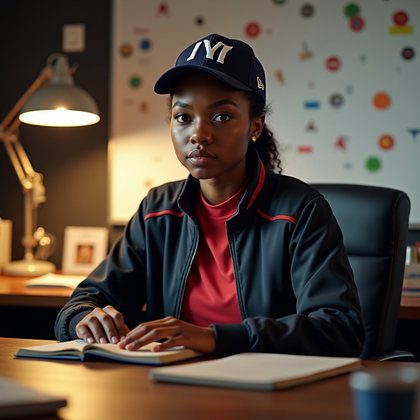 AI-generated photo: Photorealistic sports editorial photo: clubhouse office scene with the subject seated at a cluttered...