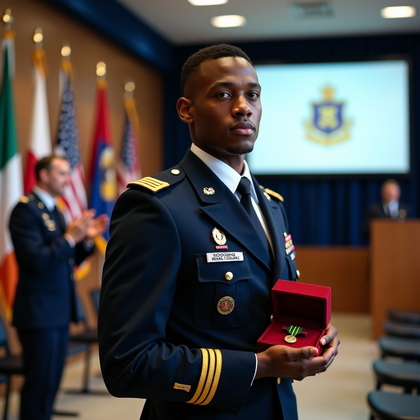 AI-generated photo: Photorealistic indoor ceremony award portrait photography with a dynamic yet formal composition. The...