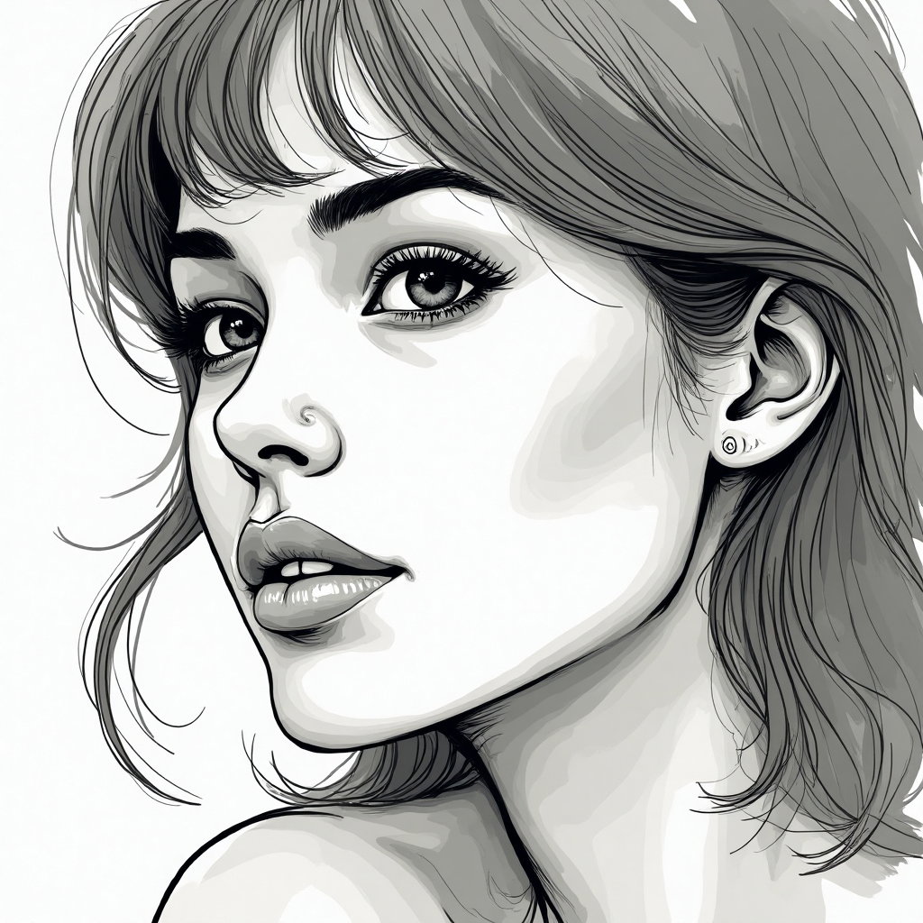 AI-generated photo: Line art illustration. A dramatic close-up of a face where the artist employs fluid, continuous line...