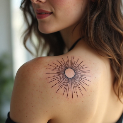 AI-generated photo: Photorealistic photography focusing on a minimalist tattoo of a delicate, abstract sunburst position...