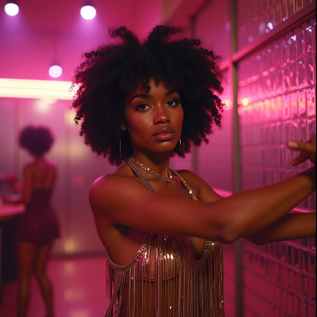 Motion-Based Dance Pop Album Cover Photos example: Photorealistic pop star album cover photo. Half-body dance pose in a retro disco setting, face clearly shown, shoulders