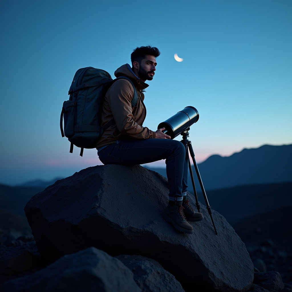 AI-generated photo: Photorealistic portrait photograph, astro explorer sitting atop a large boulder in a barren volcanic...