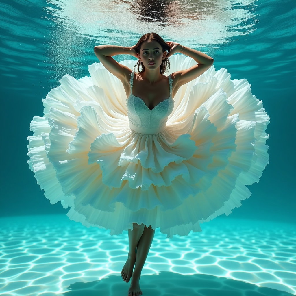 AI-generated photo: Photorealistic underwater fashion photography, dynamic full-body portrait in a clear resort pool whe...