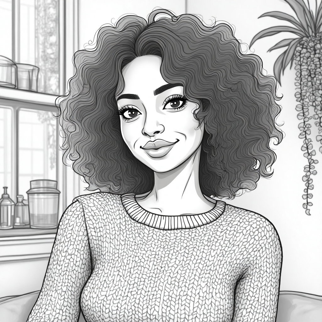 AI-generated photo: **Line Art Drawing.** Create a line art portrait of a young woman indoors, illuminated by natural li...