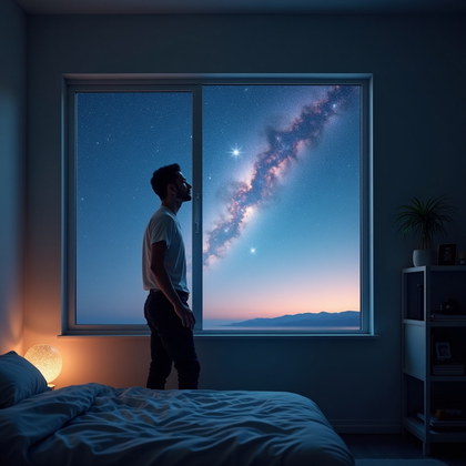 AI-generated photo: Photorealistic portrait photography. In a minimalist, dimly lit bedroom, a person stands close to a ...
