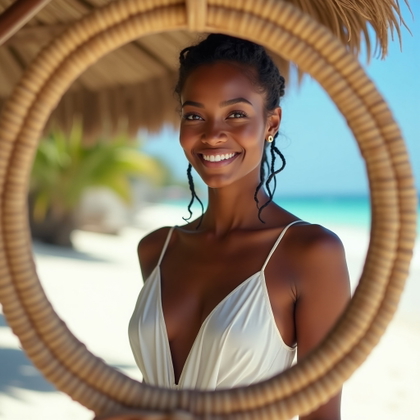 Soft White Swim Cover-Up Portrait example: Photorealistic creative fashion portrait photography. Unexpected mirror-style beach portrait with the subject reflected