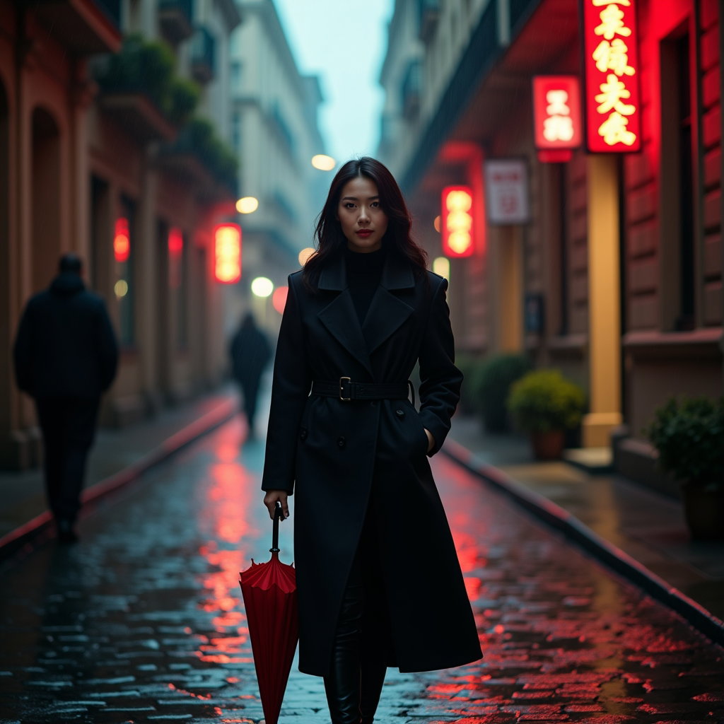 Rainy Night Street Vamp Portrait example: Dating profile photo, photorealistic full-body street portrait in a narrow rainy alley with elegant old architecture and