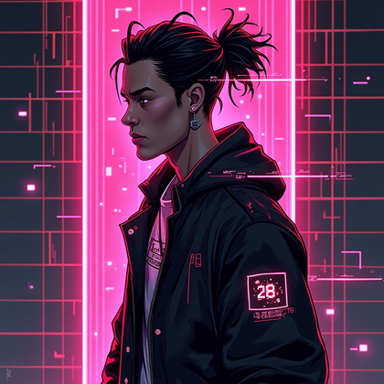AI-generated photo: Stylized cyberpunk concept art. A three-quarter avatar portrait themed around a hacker/technician fa...