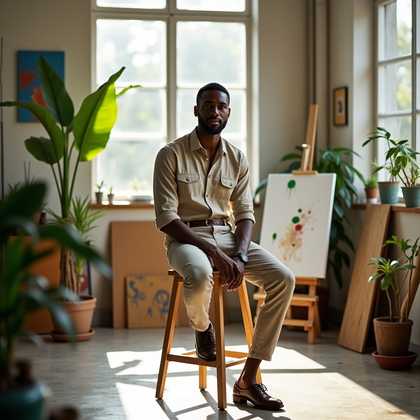 Photorealistic lifestyle portrait photo inside a sun-drenched artist’s loft with floor-to-ceiling windows, leafy plants, and paint-splattered canvas rolls, the subject perched on a wooden stool angled toward the window while turning the head squarely to the lens for clear eye contact. Soft midday light casts diagonal window shadows across the polished concrete floor, and a neutral-toned linen shirt paired with slim trousers emphasizes a refined, creative vibe as the expression reads relaxed and inviting.