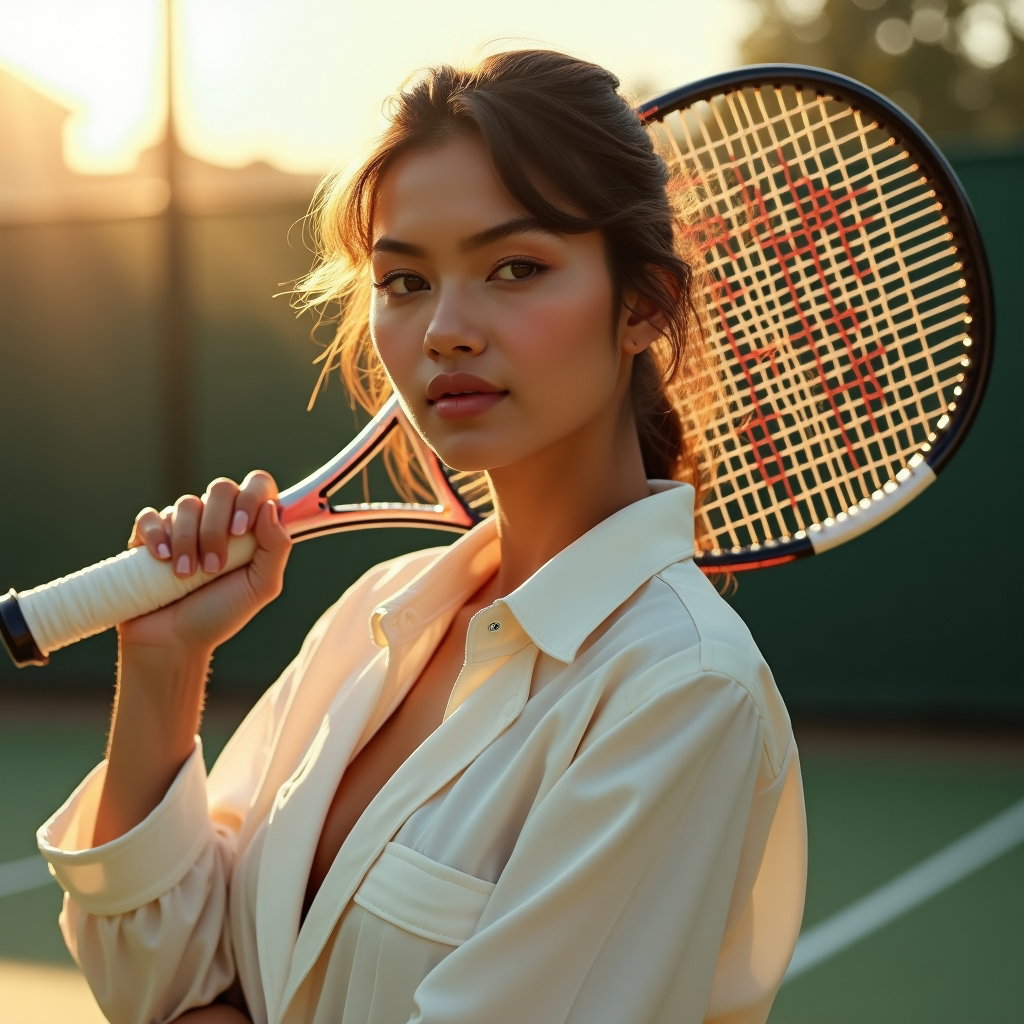 Golden Hour Court Fence Portraits example: Photorealistic portrait photography. Editorial hero image with the subject centered in front of a sunlit tennis court fe