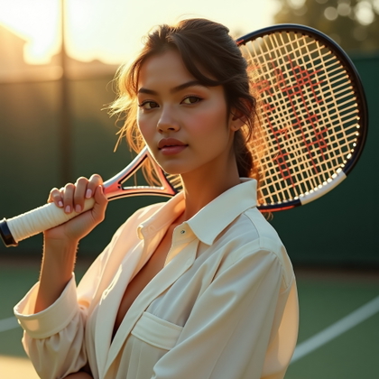 Golden Hour Court Fence Portraits example: Photorealistic portrait photography. Editorial hero image with the subject centered in front of a sunlit tennis court fe