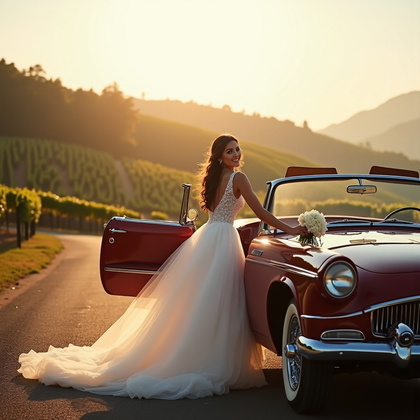 AI-generated photo: Photorealistic wedding photography — terraced vineyard hillside at daybreak with low mist curled amo...