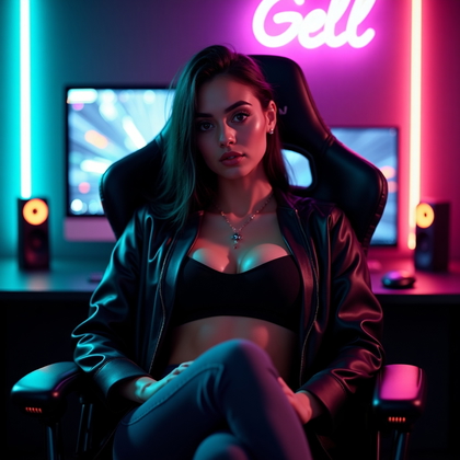 AI-generated photo: Photorealistic cinematic neon gel portrait photography. The subject is seated in a gaming chair, fra...