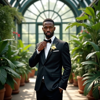 AI-generated photo: Photorealistic wedding portrait photograph along a botanical conservatory walkway, framed by lush tr...