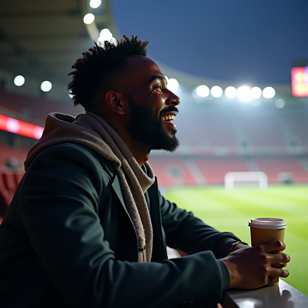 Natural Fan Portraits That Avoid Forced Poses example: Photorealistic lifestyle sports fan portrait photography. Half-body portrait at a stadium railing, a single fan leaning