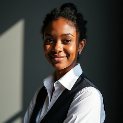 Professional headshot photography. Close-up executive portrait with the subject turned three-quarters toward soft side light, face clearly visible and gaze meeting the viewer, wearing a refined dress shirt under a tailored waistcoat instead of a standard blazer. The backdrop is a matte charcoal studio wall with subtle diagonal window shadows, crisp professional retouching, and a restrained slate-and-white palette for a premium LinkedIn avatar look.