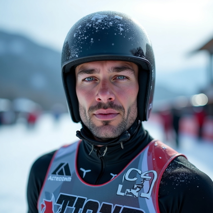 AI-generated photo: Photorealistic sports photography. Close-up portrait of a winter athlete in a sleek competition suit...