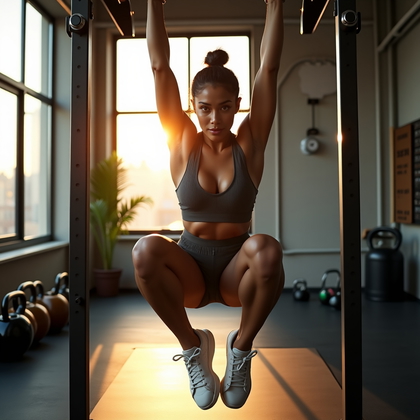 AI-generated photo: Photorealistic fitness photography in a sunlit loft gym, the athlete holds a strict L-sit hang on a ...
