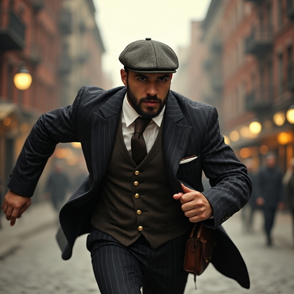 AI-generated photo: Cosplay dynamic action photo capturing a steam-powered detective racing through a bustling 19th-cent...