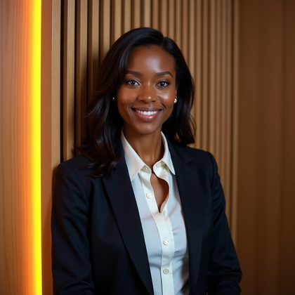 AI-generated photo: Professional headshot. Framed against a vertical oak-slat wall with a single thin LED strip glowing ...