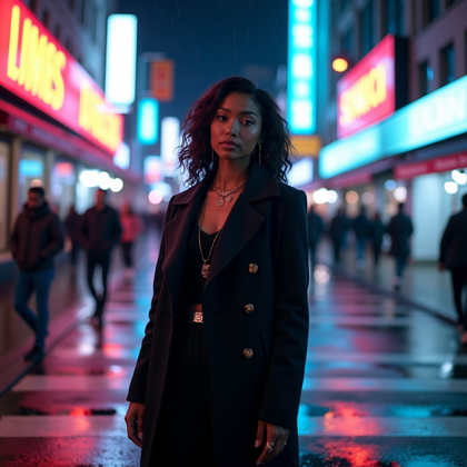 Photorealistic street fashion portrait at night on a rain-slicked crosswalk, subject facing the camera with a confident stance as neon signage washes cyan-and-magenta highlights across glossy puddles; a tailored coat and minimal accessories add sleek lines while a soft off-axis key light ensures the face is clearly visible amid cinematic city bokeh and faint steam rising from a subway grate.