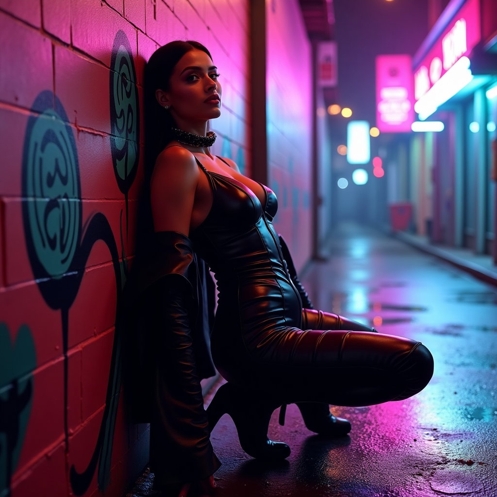 AI-generated photo: Photorealistic lifestyle fashion photo: Halloween-night street style with a sleek catsuit-inspired j...