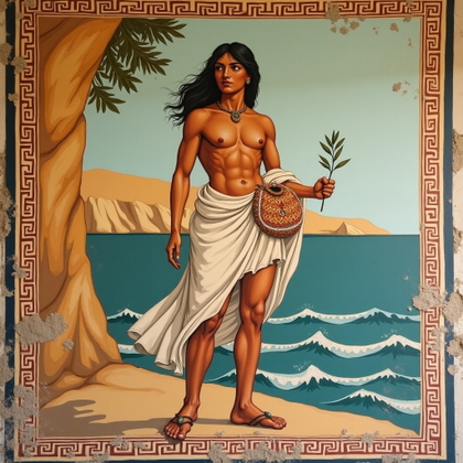 Solo Perseus Sea-Cliff Victory Portrait example: Hellenistic fresco painting, solo Perseus-inspired sea-cliff victory portrait painted on aged lime plaster, with the sub