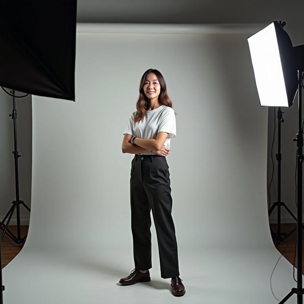 AI-generated photo: Photorealistic studio portrait photo composed off-center with generous negative space on camera-righ...