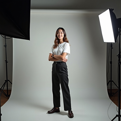 AI-generated photo: Photorealistic studio portrait photo composed off-center with generous negative space on camera-righ...