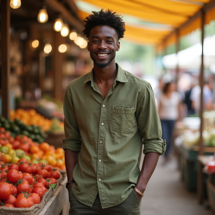AI-generated photo: Tinder photo featuring a casual outdoor scene at a vibrant farmers market. The subject wears a relax...