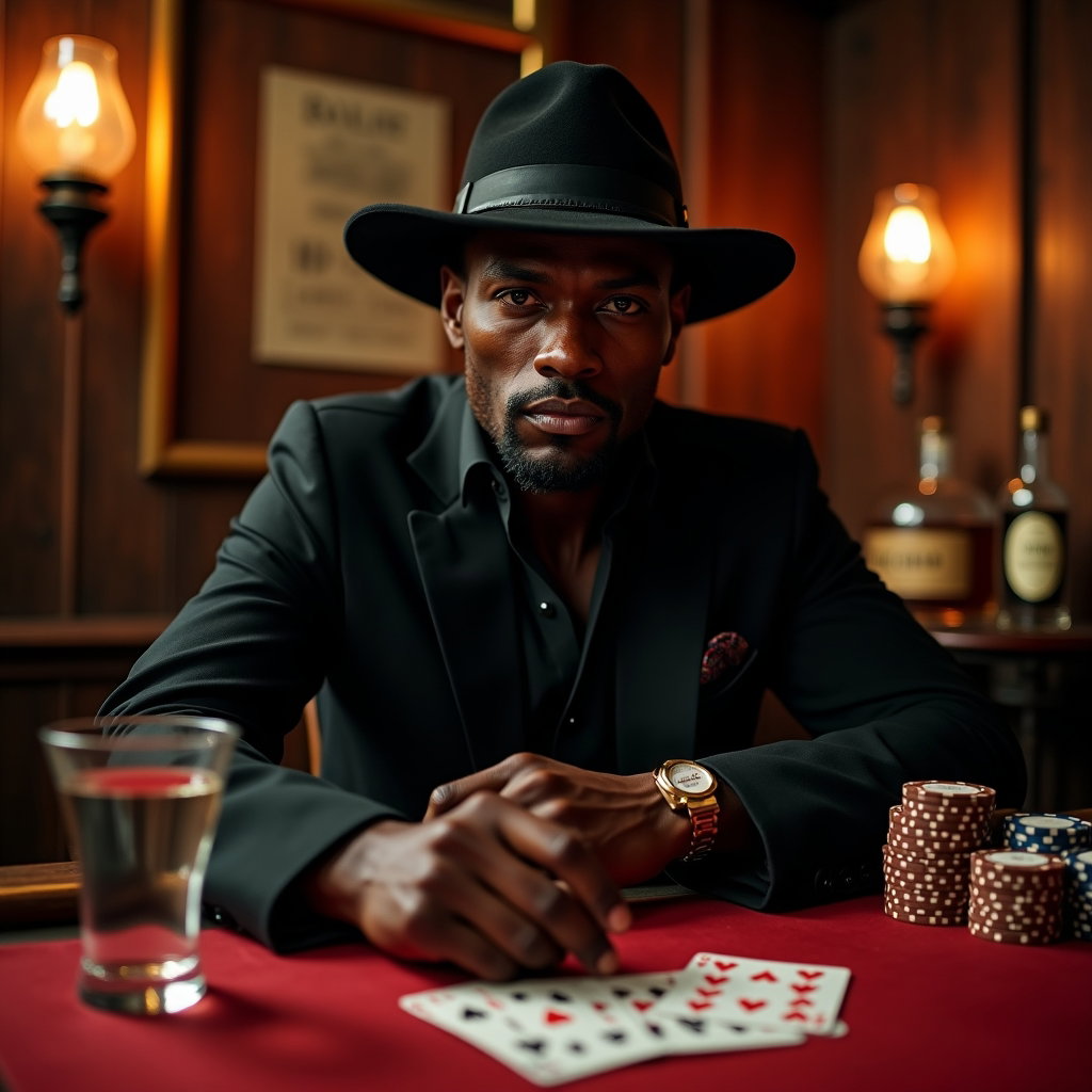 AI-generated photo: Photorealistic fashion portrait photography. A late-night saloon card-table portrait with the subjec...