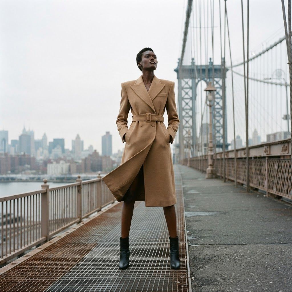 Sculptural Coat on a Windy Bridge: Realistic fashion photograph, low-angle full-length view on a steel suspension bridge.