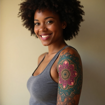 AI-generated photo: Photorealistic photography of a woman showcasing a bold and colorful tattoo design on her upper arm....