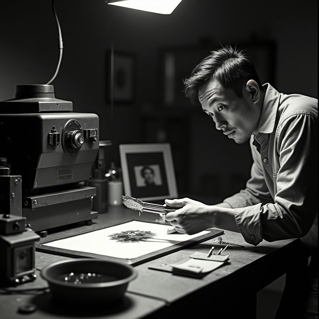 AI-generated photo: Orthochromatic silver gelatin darkroom portrait — amber safelight washes trays of developer and fixe...