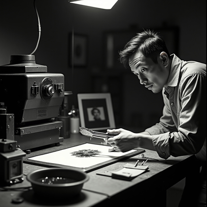 AI-generated photo: Orthochromatic silver gelatin darkroom portrait — amber safelight washes trays of developer and fixe...