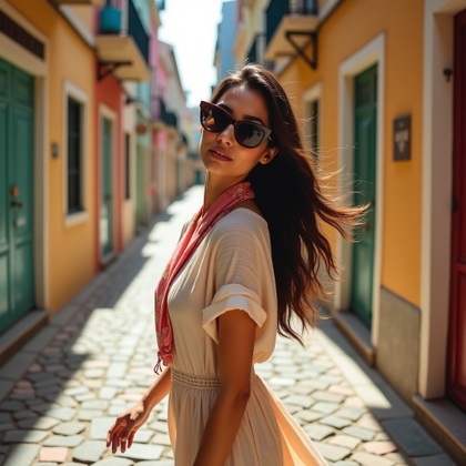 Close-Up Riviera Beauty Portraits With Sunglasses, Scarves, or Windblown Hair example: Photorealistic portrait photography. Motion portrait on a narrow old-town street, with the subject walking toward the vi