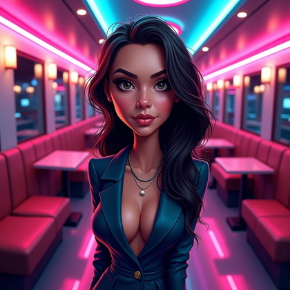 AI-generated photo: Digital caricature illustration with neon nightlife vibes, composed from a balcony-like overhead vie...