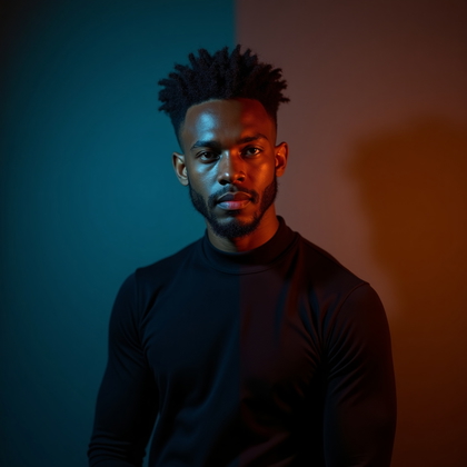 AI-generated photo: Photorealistic studio portrait photograph. The subject is framed from chest up, standing at a slight...