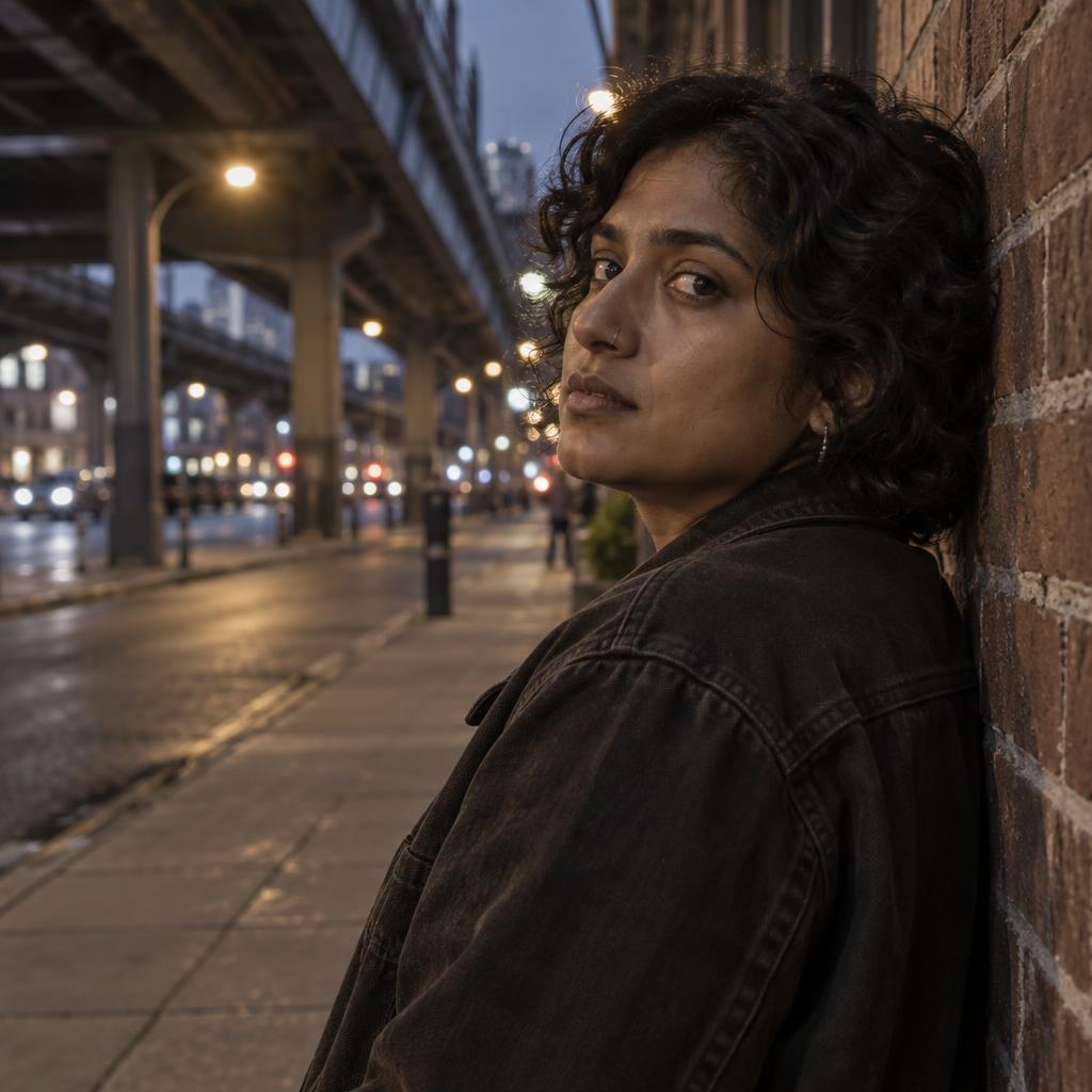 Gritty Crime-Drama Profile: Close portrait on a quiet sidewalk beneath an elevated city roadway.