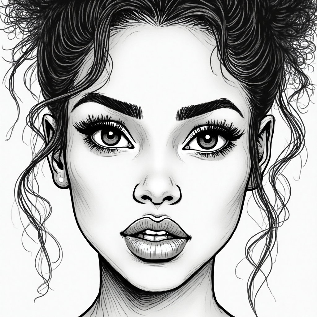 AI-generated photo: Line art illustration. Develop a close-up focus on the expressive eyes of a 37-year-old Black woman ...