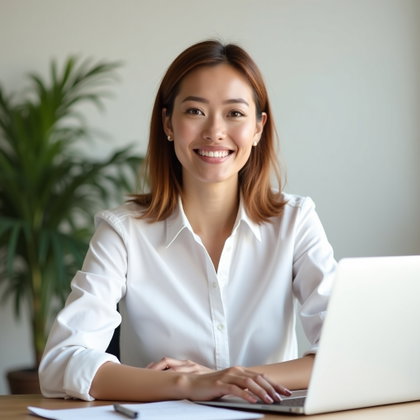 Entretien vidéo à distance : mise en scène de bureau pour un entretien à distance, cadrée à hauteur des yeux, avec une allure soignée mais accessible.
