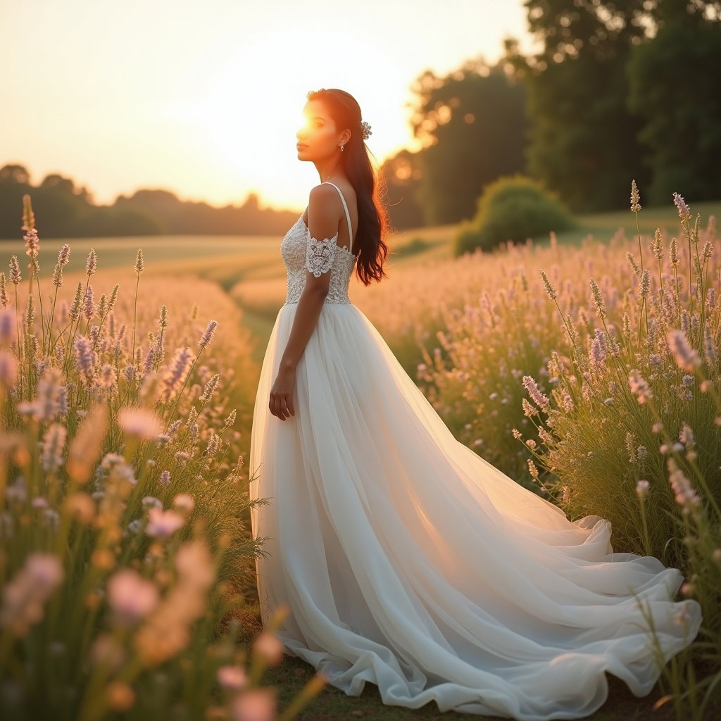 AI-generated photo: Photorealistic wedding photography: wildflower meadow sloping toward the sun with tall grasses and p...
