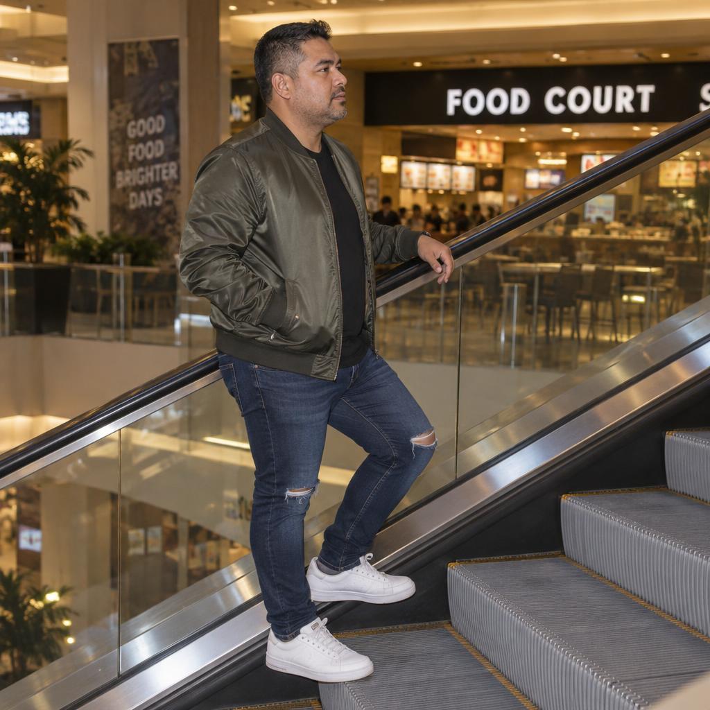 Mall Escalator Streetwear: Side-on, full-body shot of one person riding a gently rising escalator near a mall food-court entrance, with empty tables blurred in the…