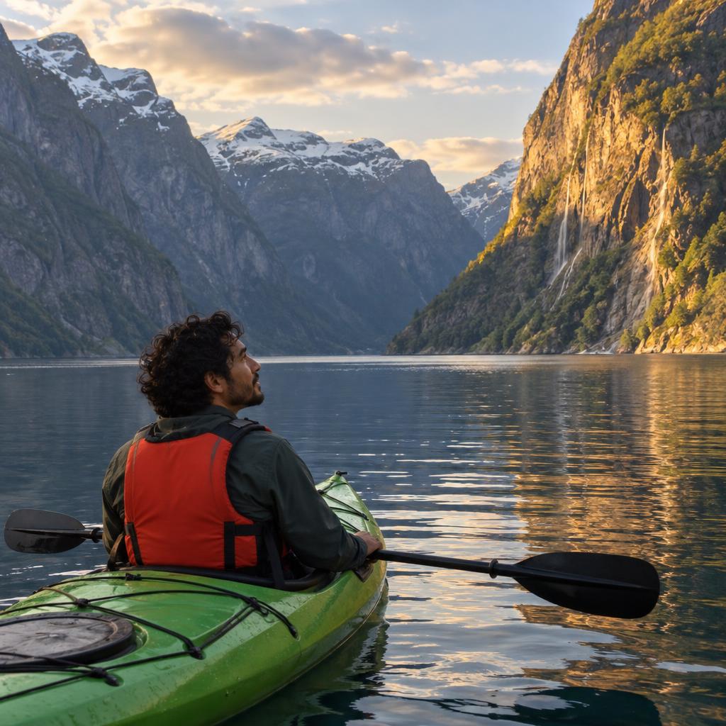 A Solo Outdoor Adventure: Late-afternoon light warms one face of a steep fjord while the other stays blue-gray.