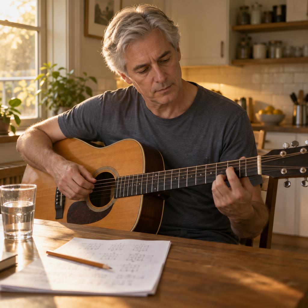 Mastering A New Skill: At a kitchen table, he sits in a plain T-shirt with the guitar across his lap, pausing mid-practice to correct one finger on the fretboard.