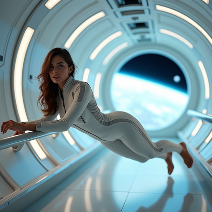 AI-generated photo: Photorealistic lifestyle space photography, a person floating in a sleek futuristic space station co...