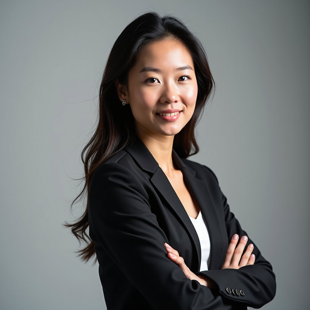 AI-generated photo: Professional headshot: minimalist studio with a matte dove-gray seamless, soft top key and silver re...